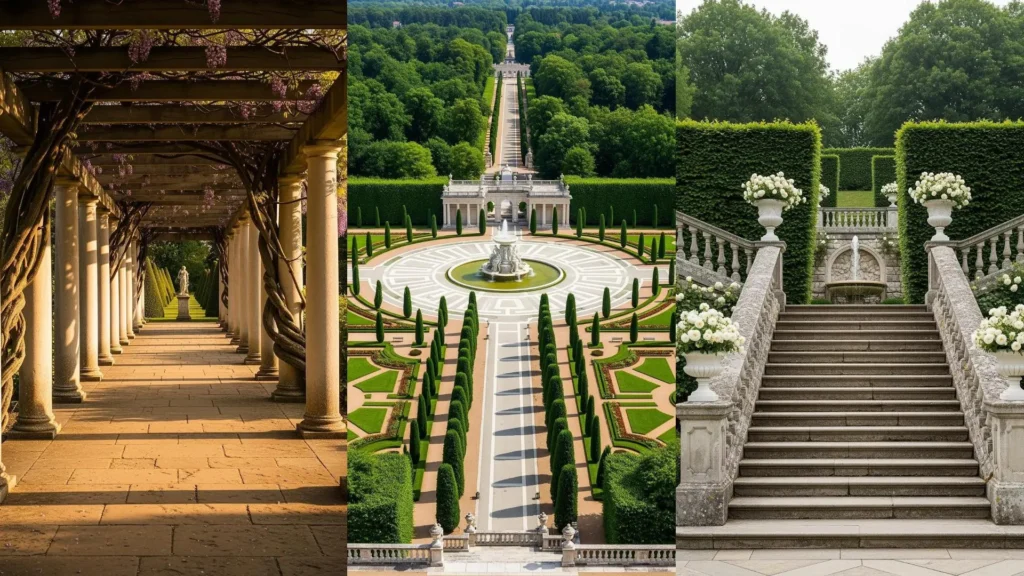 Eleganti giardini classici con colonne bianche, siepi perfette e fontane in marmo per grandi spazi esterni.