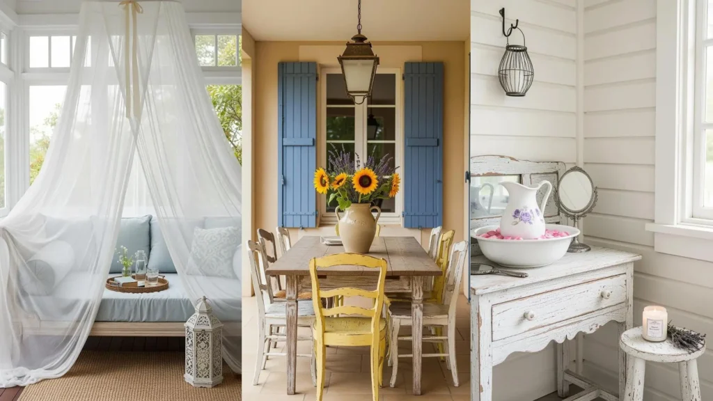 Portici shabby chic con mobili decapati: un collage di scene che mostrano arredi vintage, fiori di lavanda e lanterne antiche.