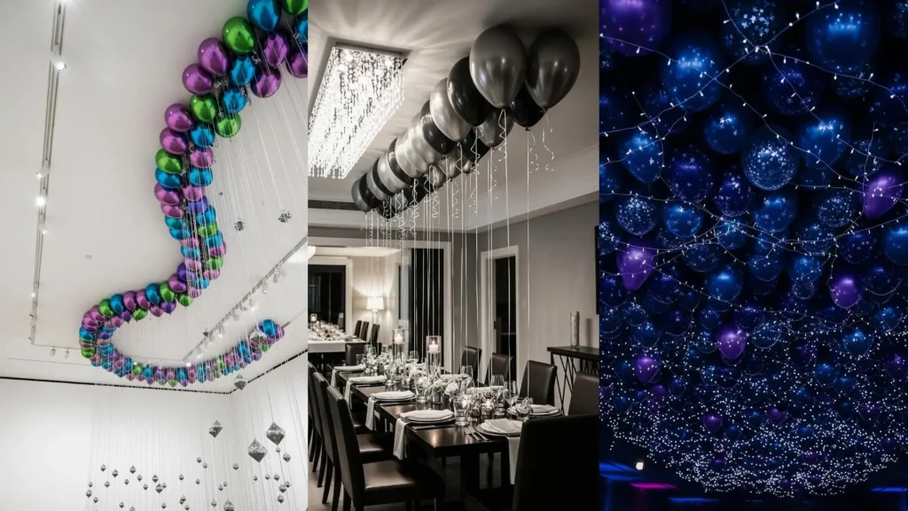 Soffitti da sogno con palloncini a elio colorati e scintillanti fili argentati che creano un'atmosfera festosa.