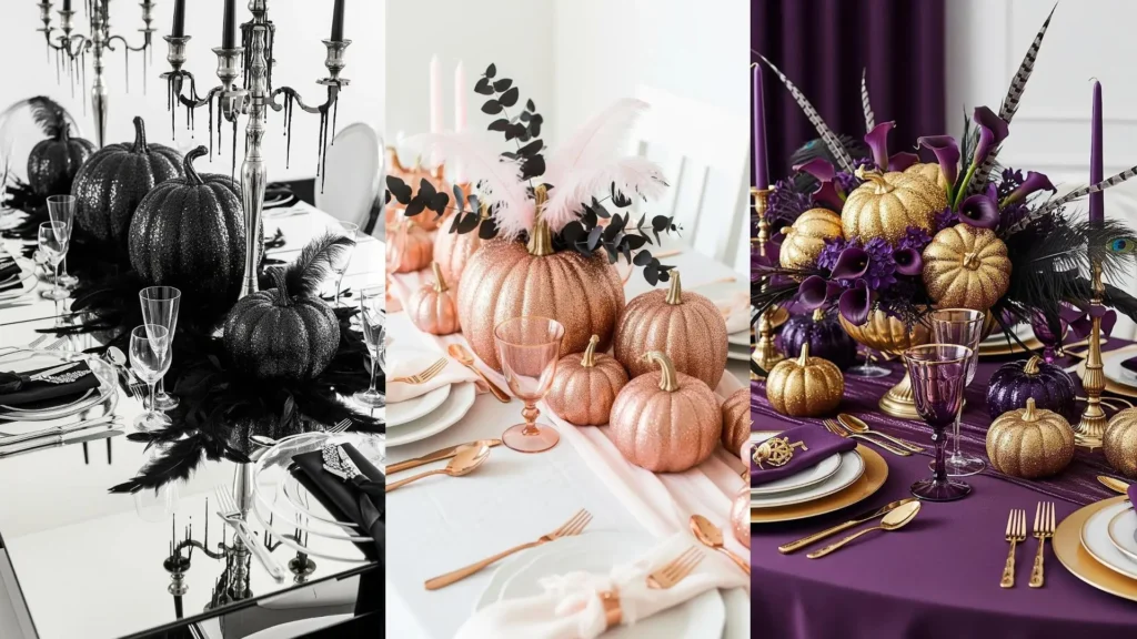 Tavole di Halloween glamour con zucche glitterate, piume nere e dettagli metallizzati in diversi colori.
