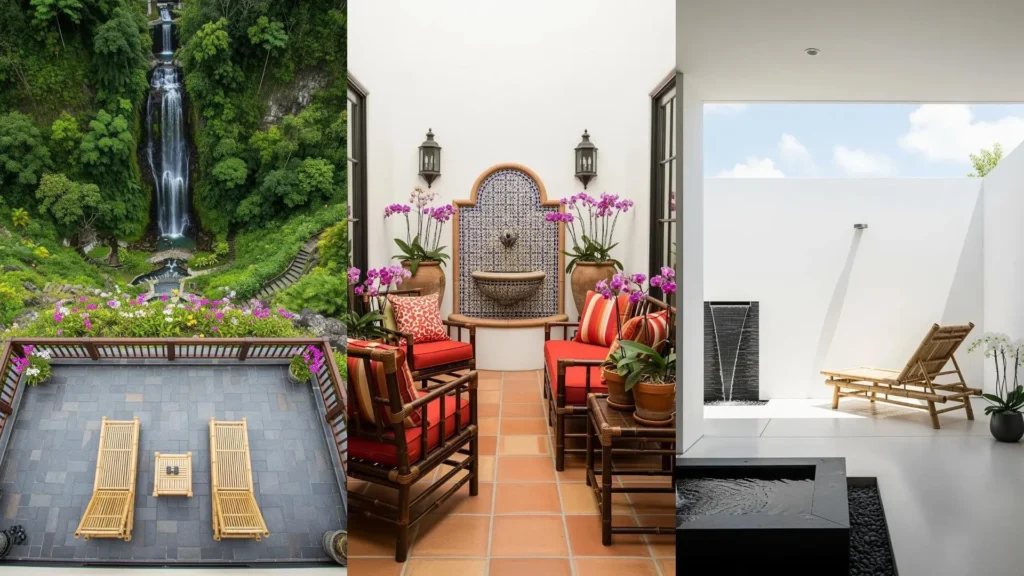 Patio tropicale chic con orchidee, cascate d'acqua e lettini in bambù per un'atmosfera esotica e relax.