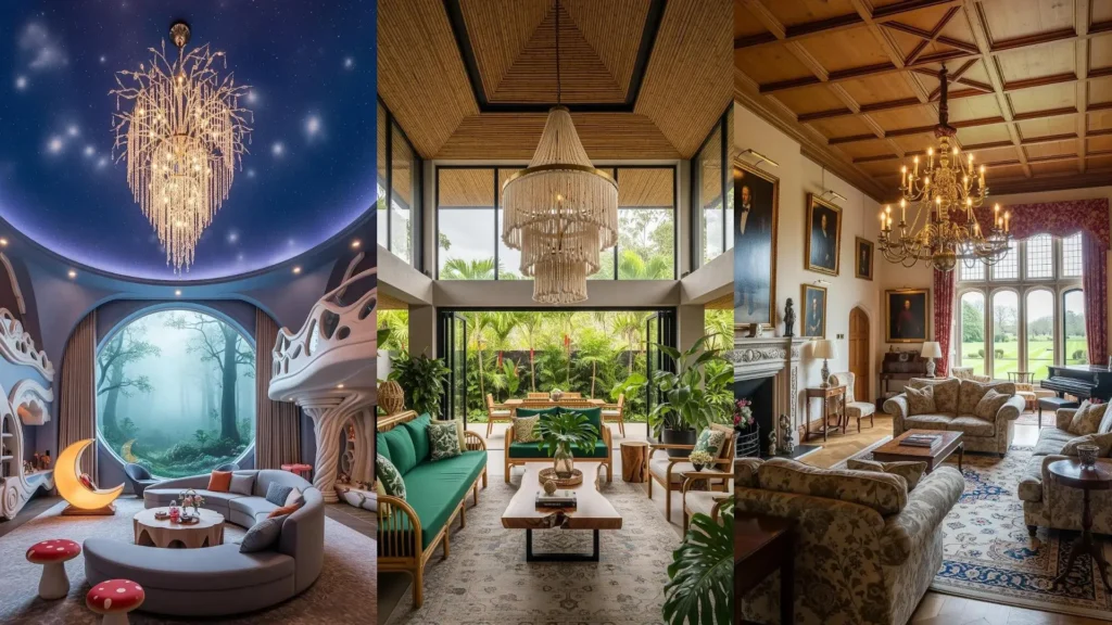 Tre eleganti soggiorni con soffitti alti, lampadari scenografici e ampie finestre panoramiche che illuminano gli interni.