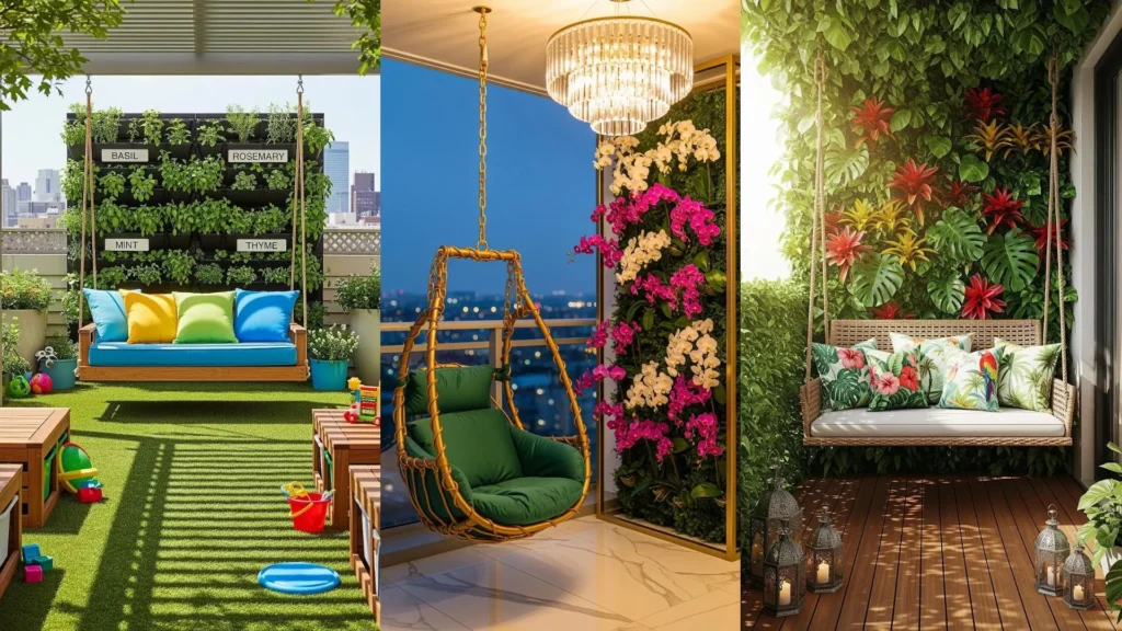 Immagine composita di balconi urbani reinventati con vivaci pareti verdi e confortevoli sedute sospese, trasformando gli spazi.