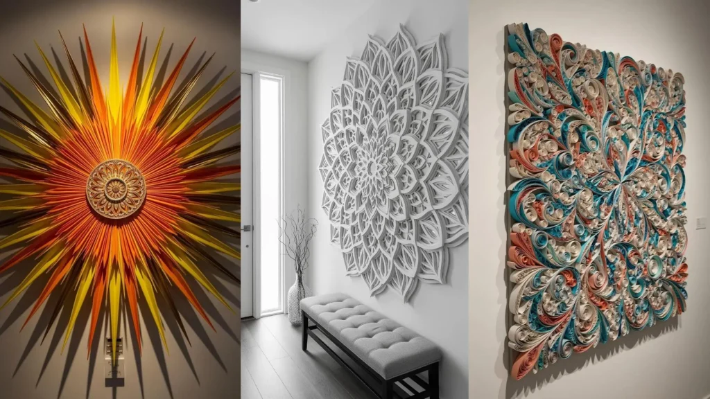 Splendide decorazioni murali 3D realizzate con carta colorata e tecniche origami, inclusi design a sole, mandala e quilling.