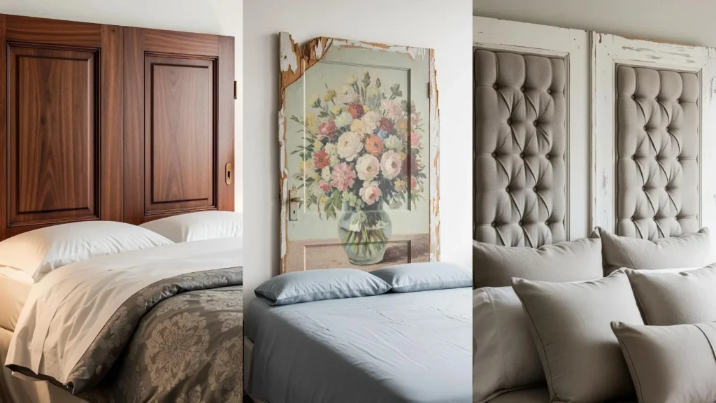 Tre letti con testiere shabby chic create da vecchie porte riutilizzate: una in legno scuro, una dipinta con fiori e due imbottite.