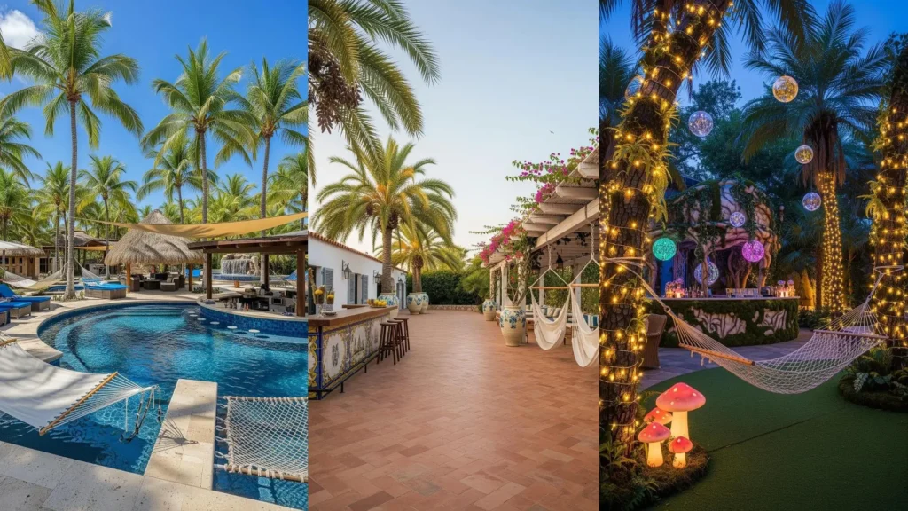 Patio tropicale lussuoso con palme giganti, amache sospese sulla piscina e un cocktail bar vivace, illuminato con luci colorate.
