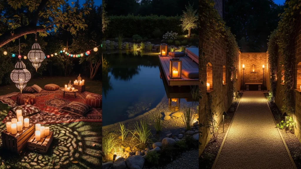 Magici notturni con candele, torce e giochi di luce sorprendenti tra piante, stagni e sentieri in giardini incantati.