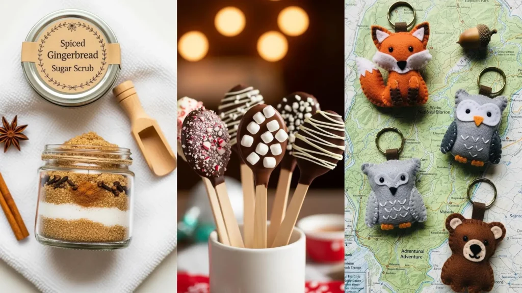 Regali di Natale fai da te: sacchettini in feltro a forma di animali, biscotti e scrub speziato con etichetta personalizzata.