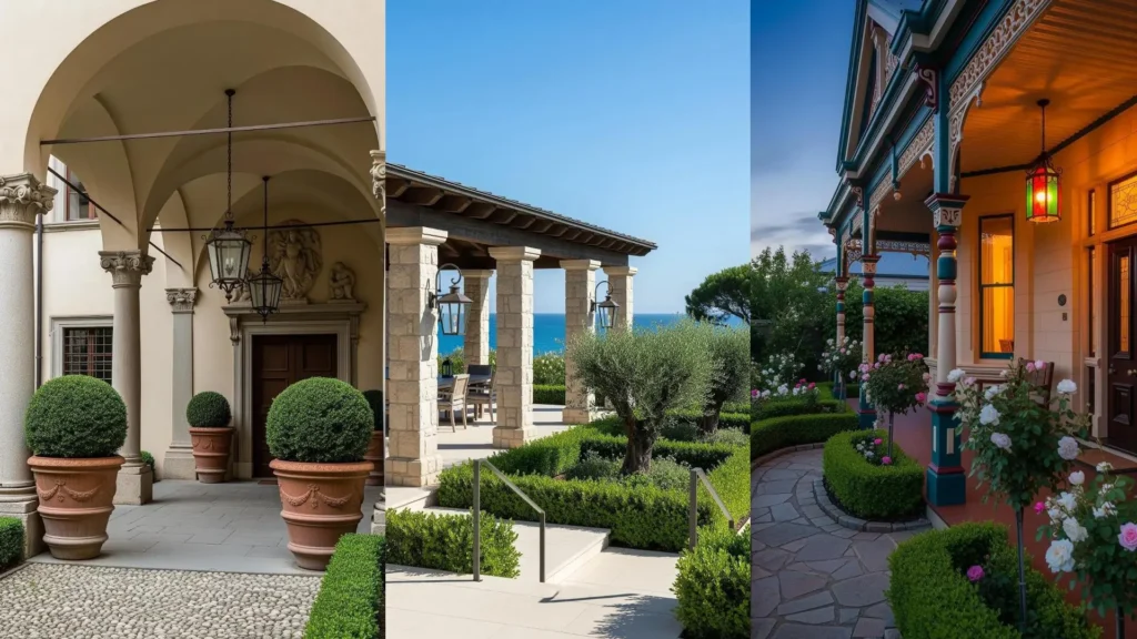 Magnifici portici d'ingresso con colonne scolpite, siepi ordinate e lampioni in ferro battuto. Eleganza esterna.