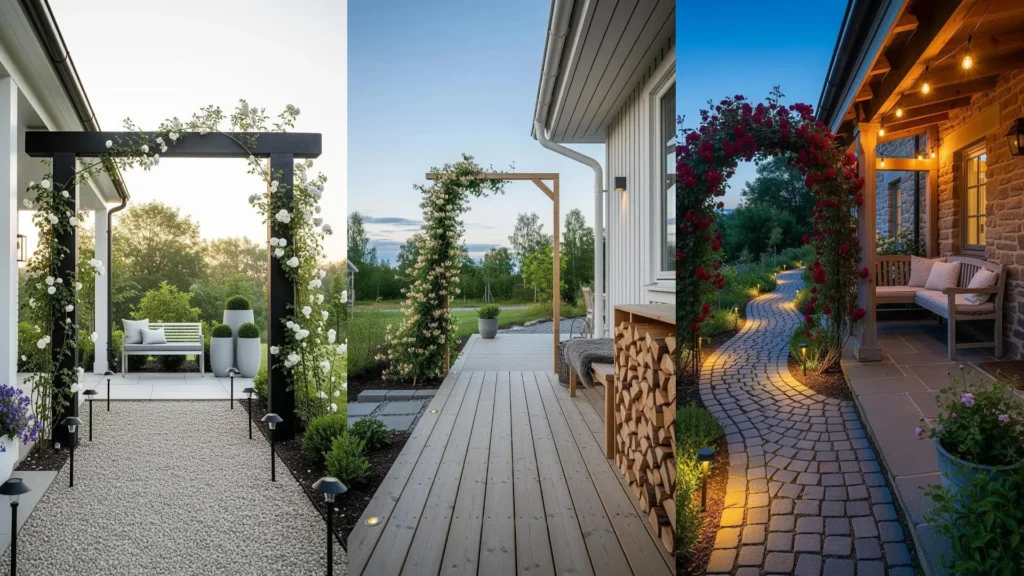 Portici romantici con vialetti illuminati, archi di rose e panchine accoglienti creano un'atmosfera da sogno.