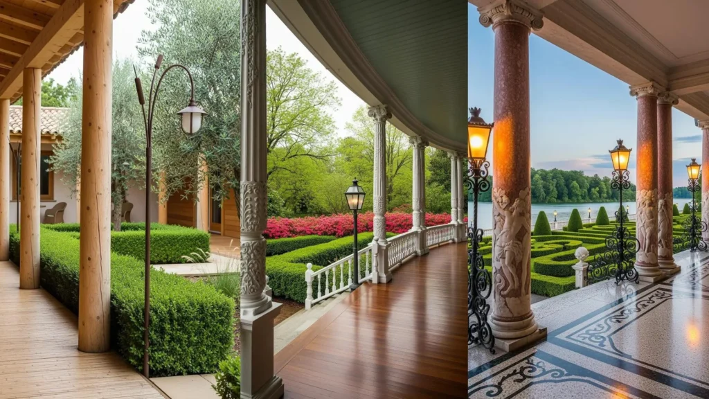 Panoramica di tre eleganti portici con colonne scolpite, siepi curate e lampioni in ferro battuto che emanano grande stile.