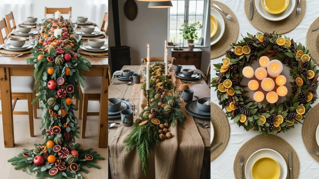 Tavole natalizie rustiche con runner in juta, stoviglie in ceramica artigianale e ghirlande festive di agrumi e pigne, illuminate da candele.