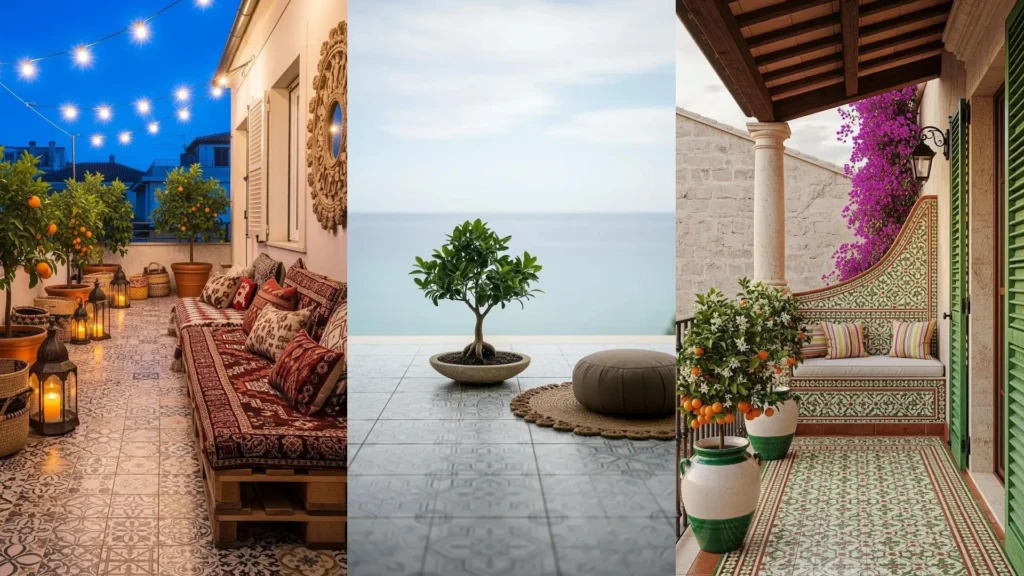 Terrazze mediterranee con maioliche vivaci, vasi d'agrume profumati e arredi accoglienti. Idee per esterni.