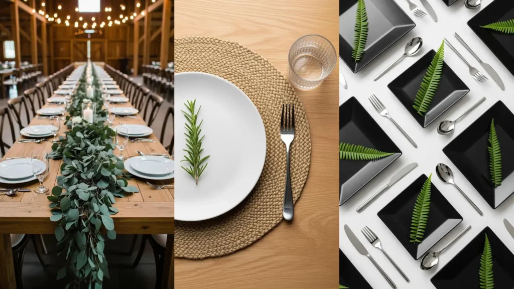 Allestimenti minimalisti per tavole da matrimonio con palette neutre. Tavolo in legno con runner di eucalipto, piatti moderni e tocchi naturali.