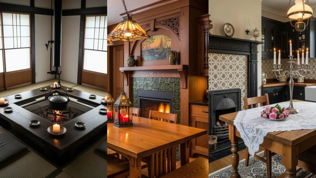 Cucine accoglienti con caminetti, tavoli in legno rustici e candele che creano un'atmosfera calda e invitante.