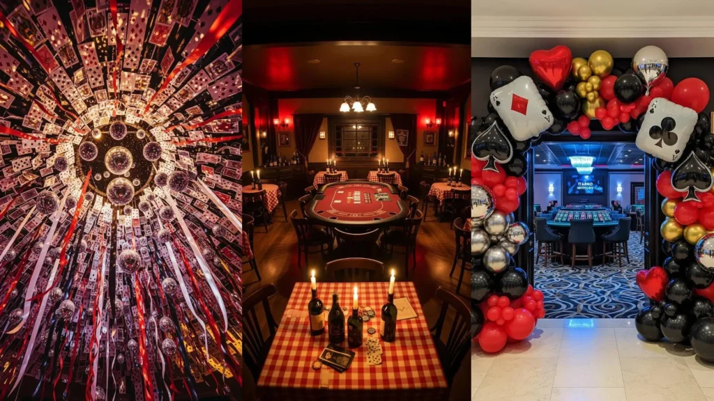 Festa a tema casinò con luci rosse, carte giganti, tavoli da gioco eleganti e decorazioni con palloncini a tema.