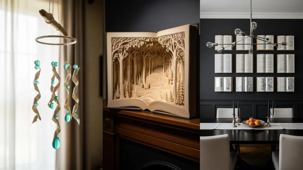 Esempi di decorazioni artistiche fai da te con libri riciclati: un mobile con pagine, un libro scolpito e libri a parete.