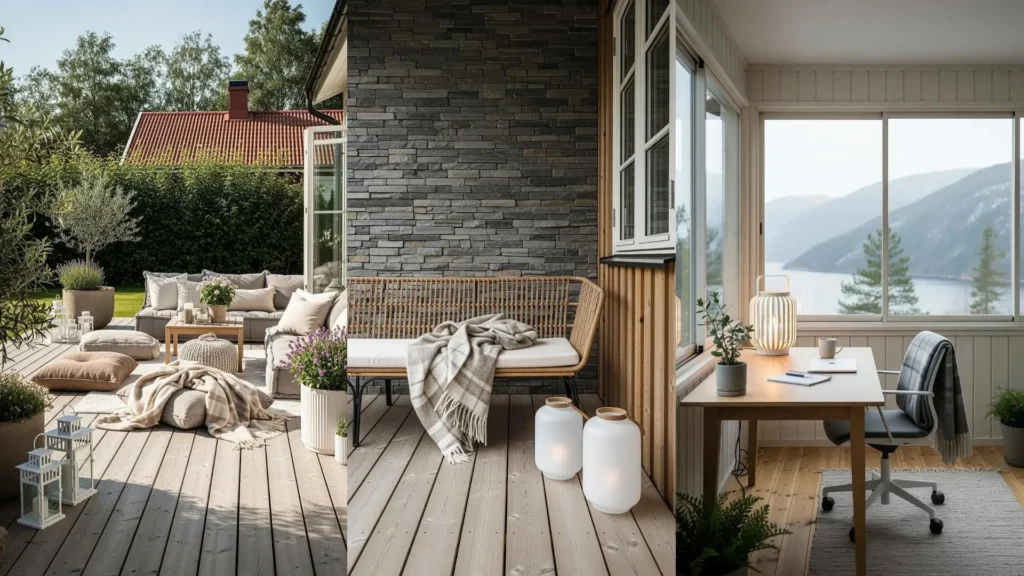 Veranda scandinava hygge con legno chiaro, plaid avvolgenti e lanterne bianche, creando un'atmosfera accogliente con vista.