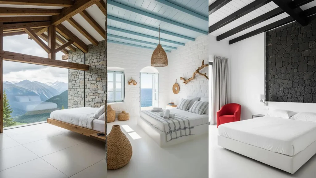 Atmosfera rustica in una camera da letto con soffitto con travi a vista e una parete in pietra naturale.