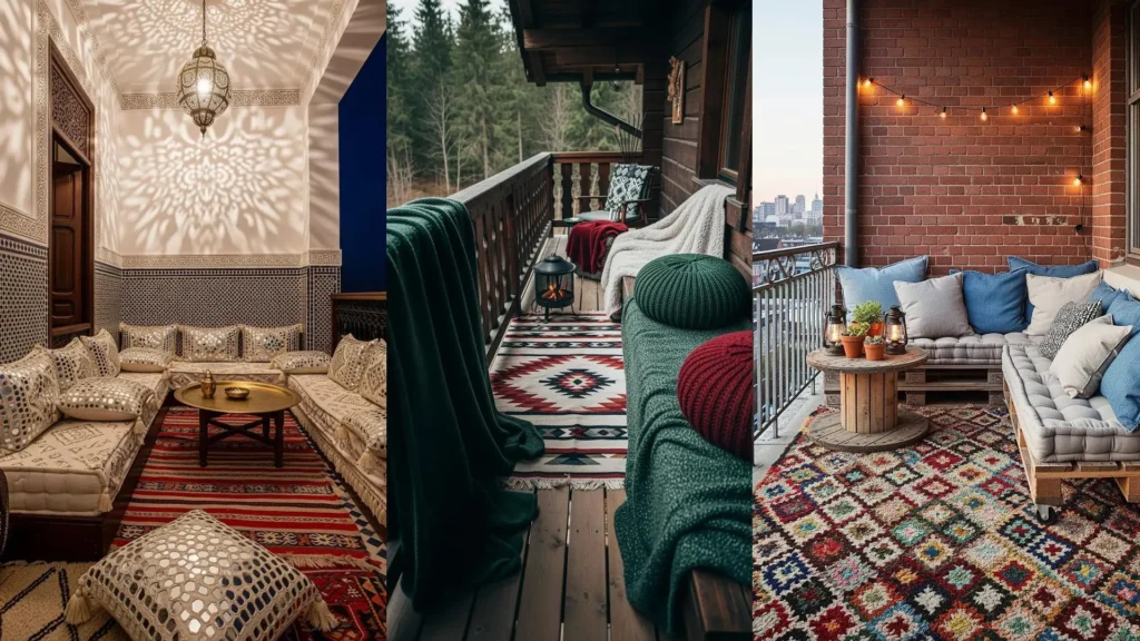Balconi bohemien chic con tappeti colorati e cuscini oversize, creando un'atmosfera accogliente e stilosa.