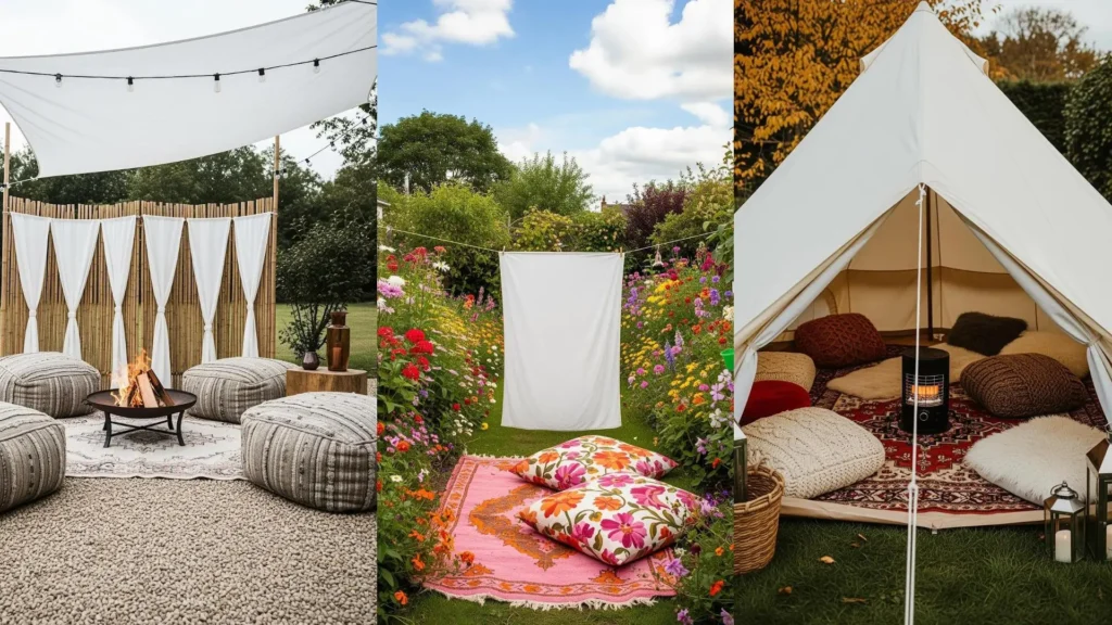 Tre giardini bohémien chic con tende bianche, tappeti marocchini e cuscini oversize, creando spazi relax all'aperto.