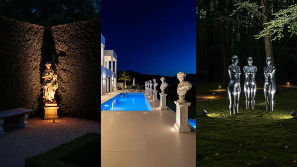 Giardini eleganti con statue rischiarate, sentieri illuminati e una piscina scintillante di notte.