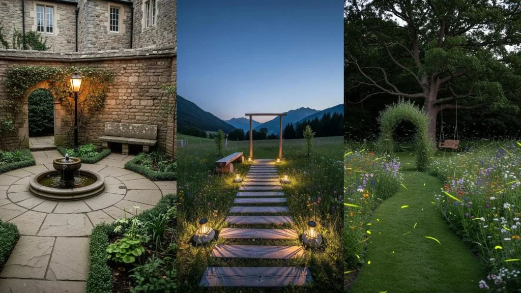 Vialetti illuminati, archi e panchine segrete in tre incantevoli giardini romantici da film.