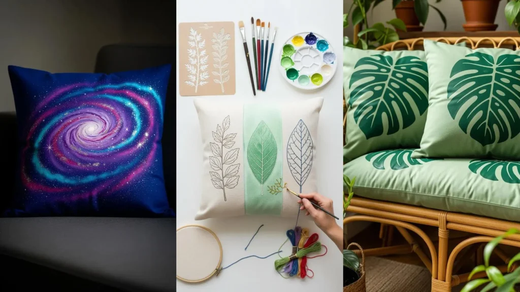 Cuscini da divano con ricami, stencil e pittura su tessuto: una galassia, foglie verdi e dettagli ricamati.