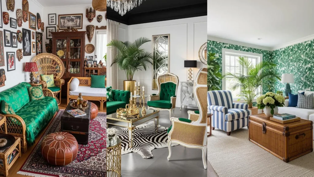 Tre living esotici con mobili in rattan, divani verde smeraldo e piante tropicali che creano un'atmosfera lussureggiante.