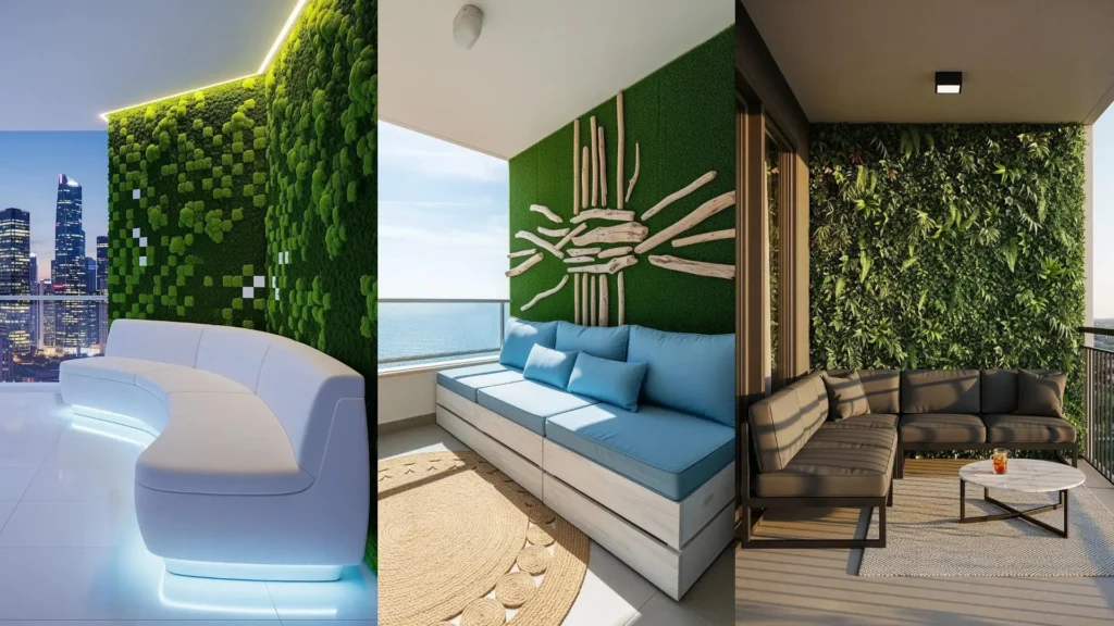 Tre balconi contemporanei con divanetti modulari e pareti verdi artificiali per progetti moderni e chic.