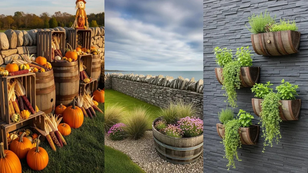Giardino rustico con fioriere da vecchie botti e recinti in pietra naturale, decorazioni autunnali e piante verdi.