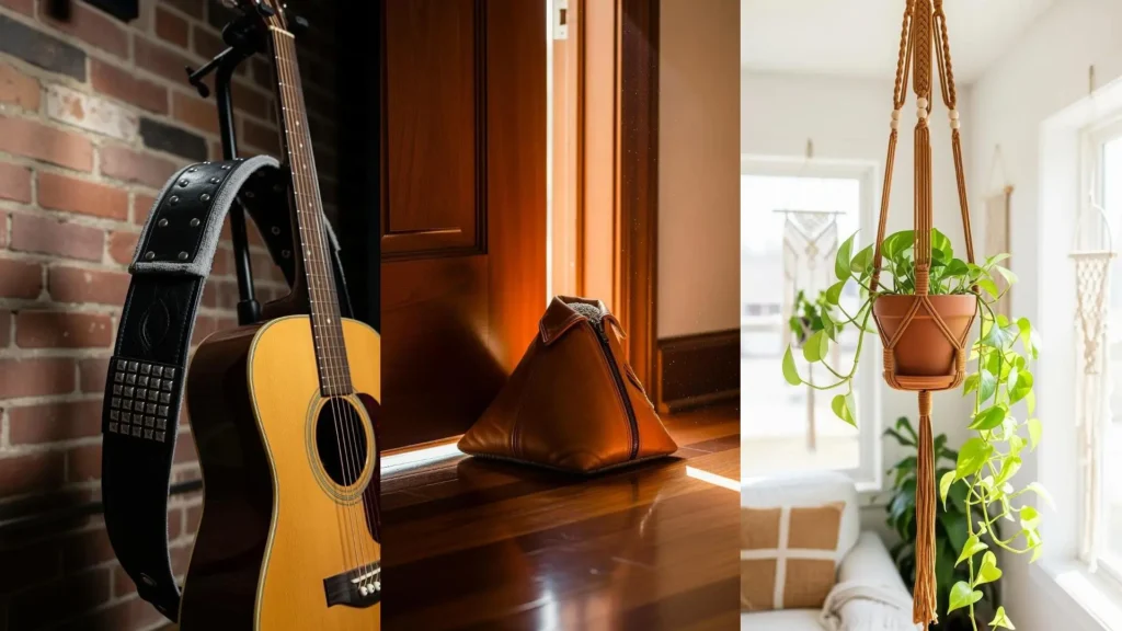 Accessori e organizer per la casa creati da vecchie giacche di pelle, come un fermaporta marrone, in un ambiente domestico accogliente.