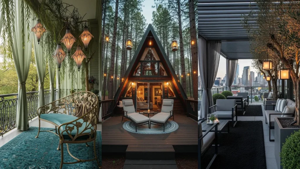 Veranda romantica con tende trasparenti, morbido tappeto, e lanterne sospese tra gli alberi, creando un'atmosfera accogliente.