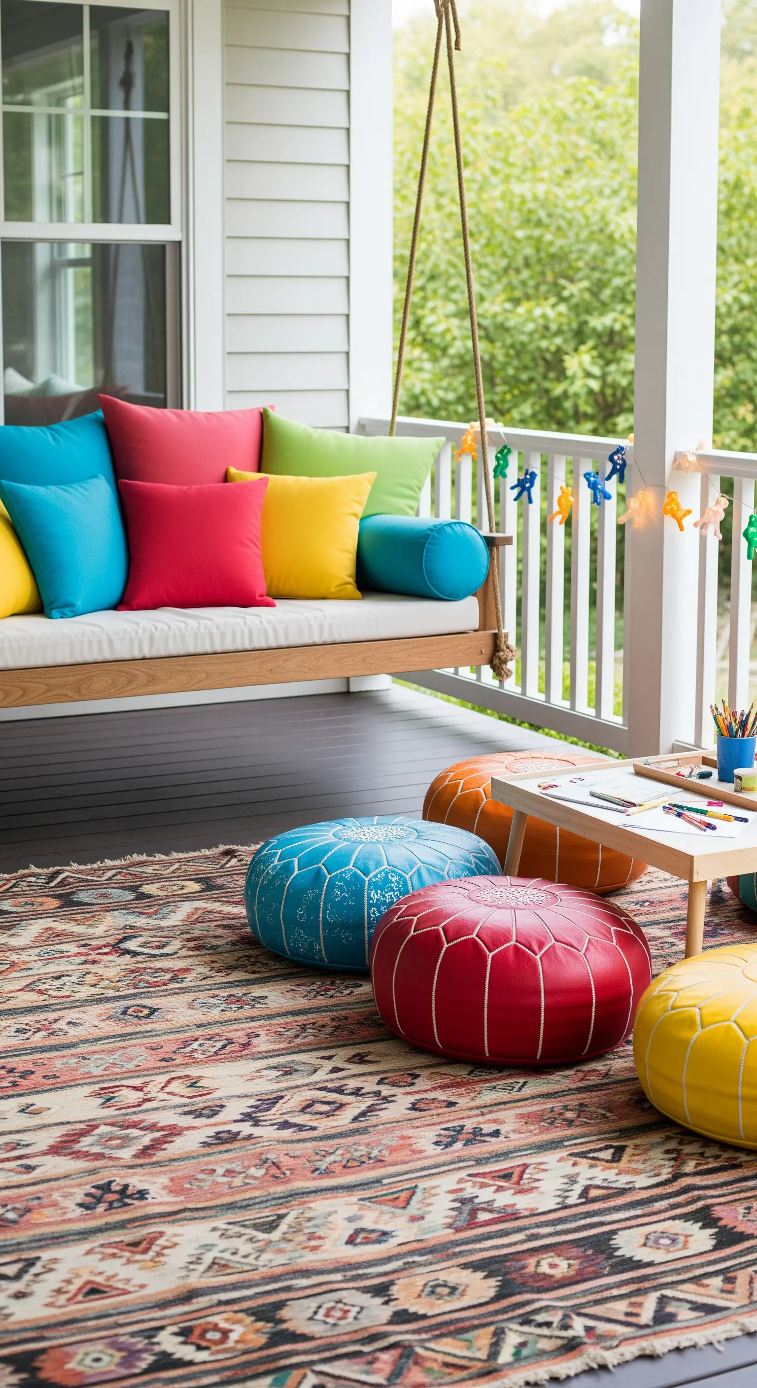 Veranda con dondolo, pouf in pelle colorati e un grande tappeto etnico.
