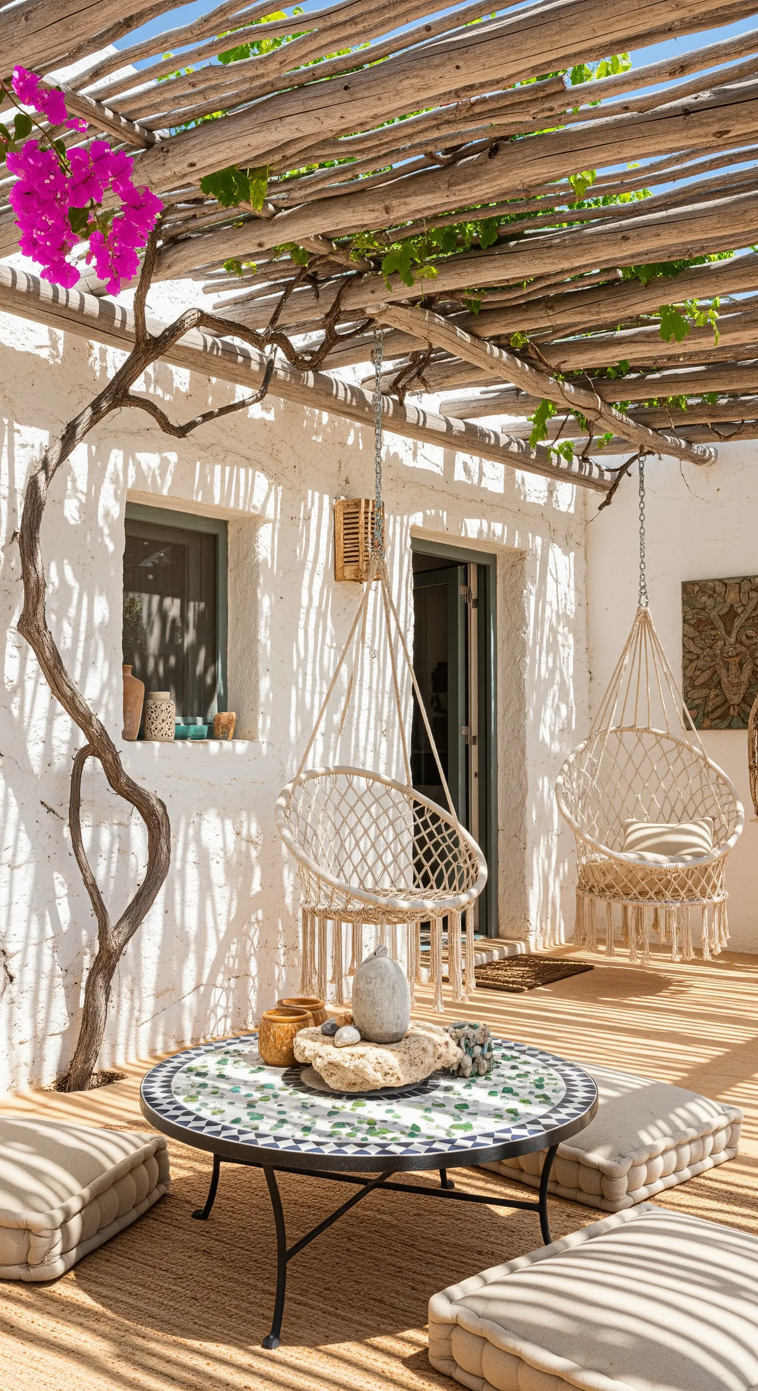 Patio in stile bohémien con sedie sospese in macramè, cuscini a terra e tavolo basso in mosaico