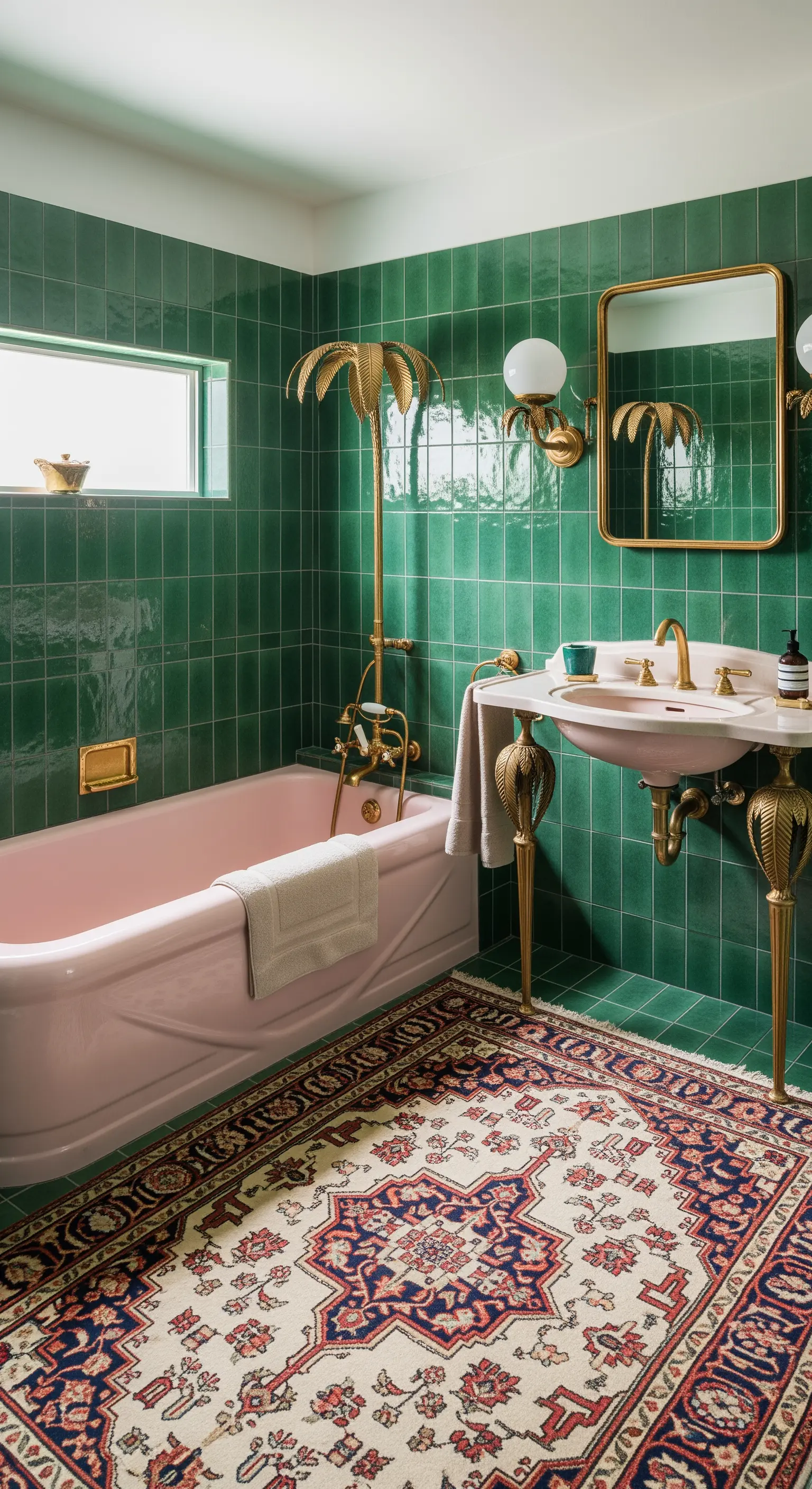 Bagno Art Déco con piastrelle verdi, vasca rosa e dettagli dorati a forma di palma.