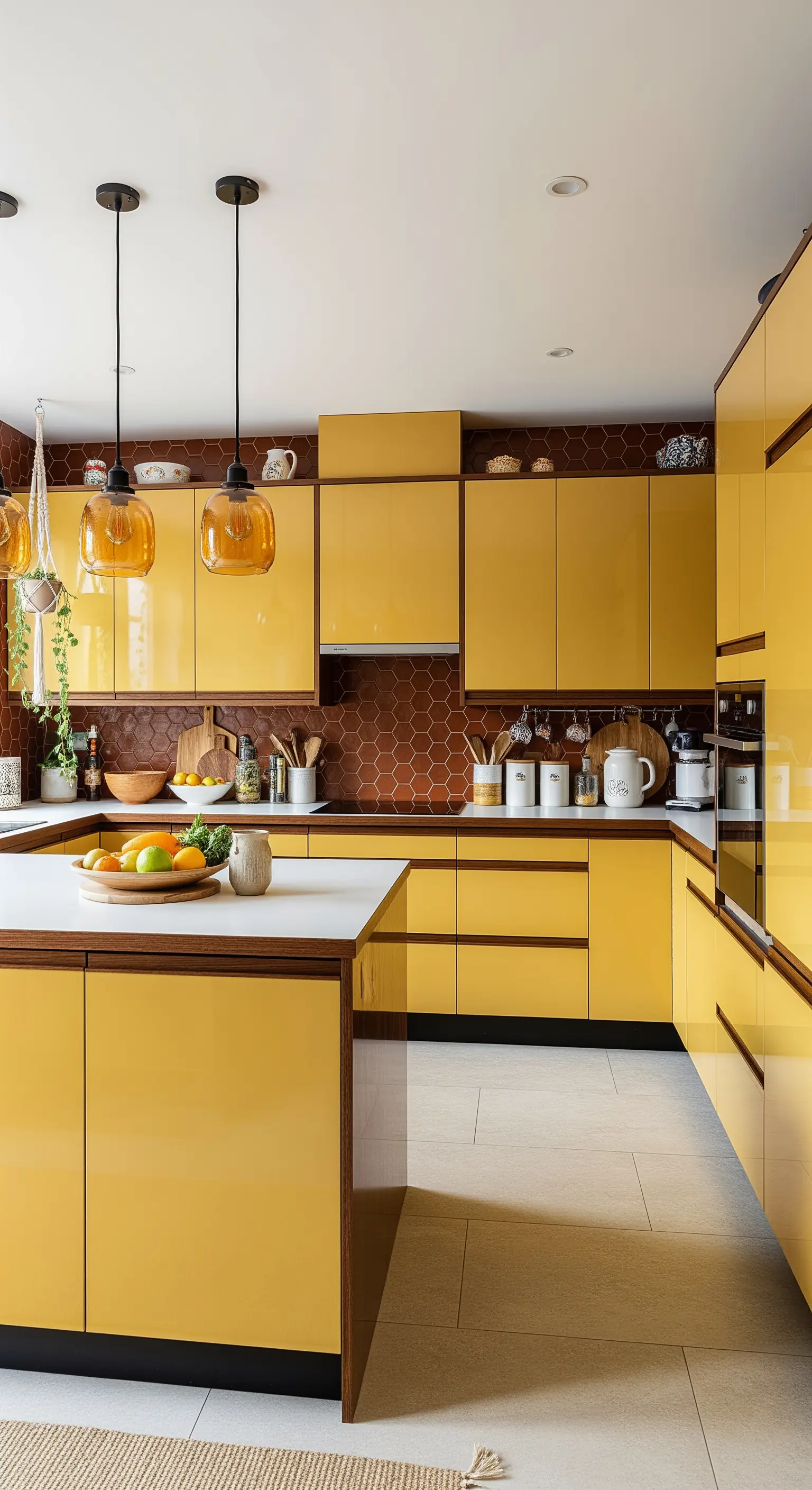 Cucina moderna con mobili laccati gialli, paraschizzi esagonale rosso scuro e isola bianca.