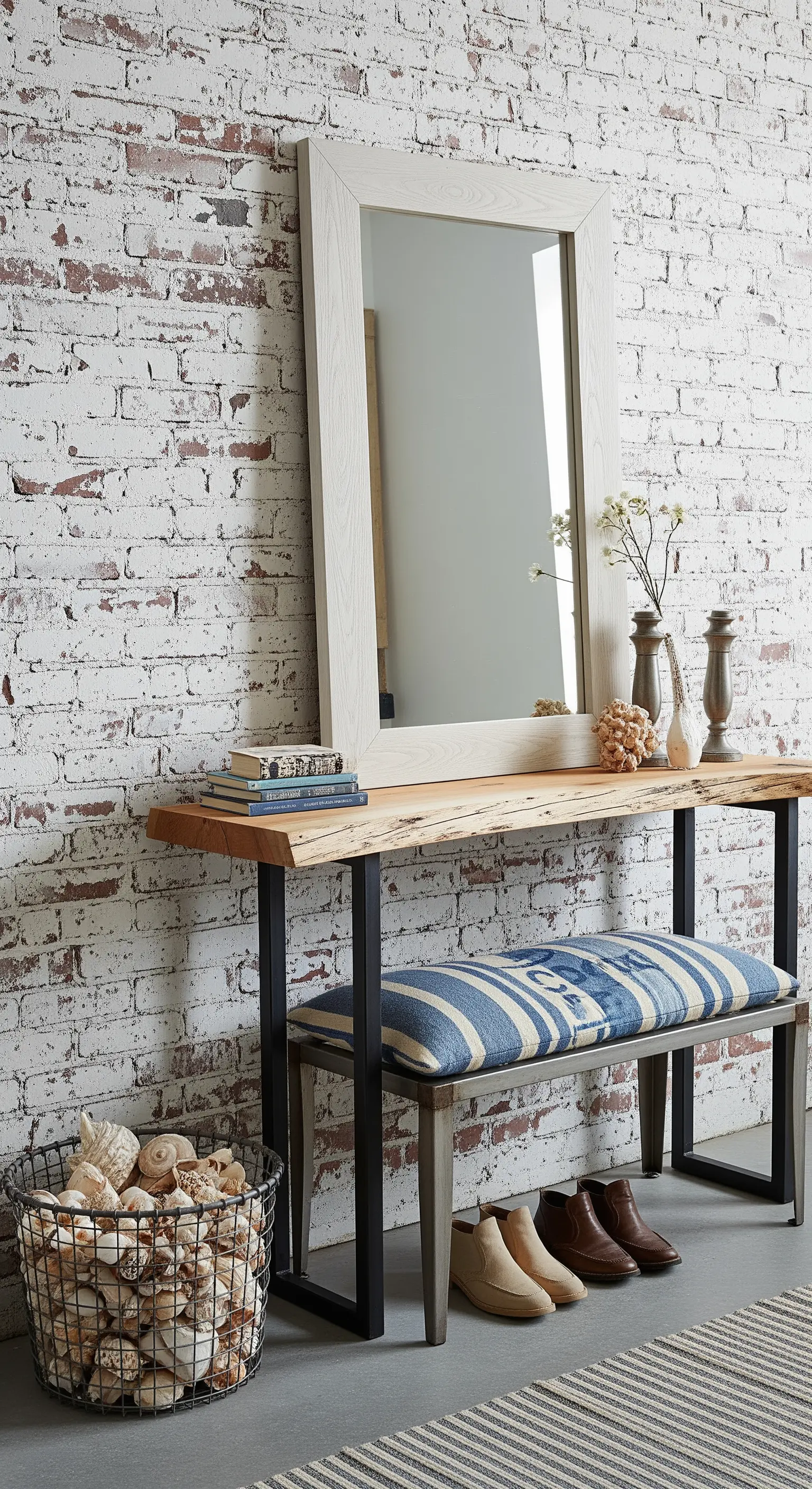 Consolle in legno e metallo appoggiata a una parete di mattoni dipinti di bianco.