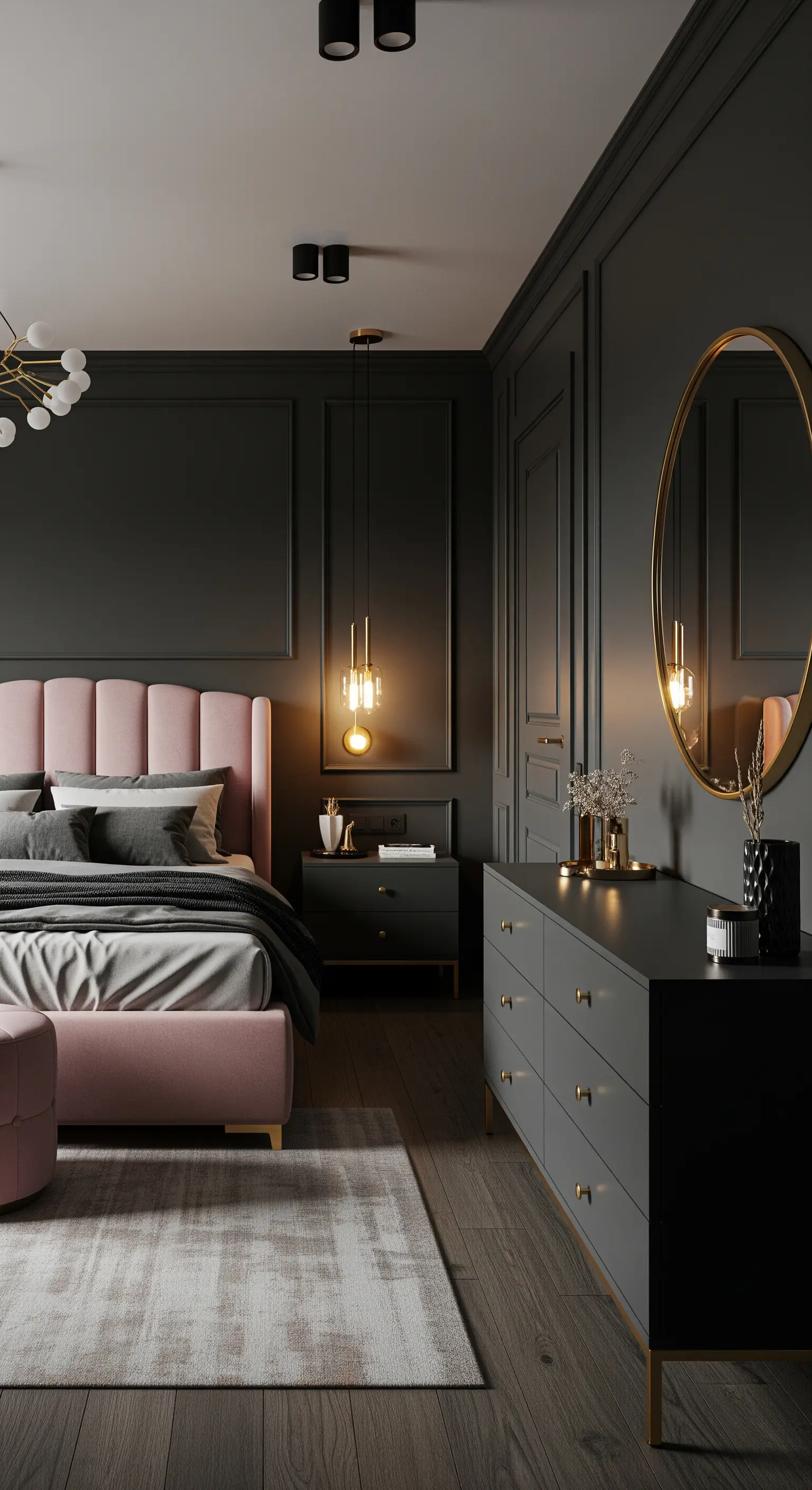 Camera da letto con pareti grigio scuro, letto rosa e dettagli in ottone spazzolato.