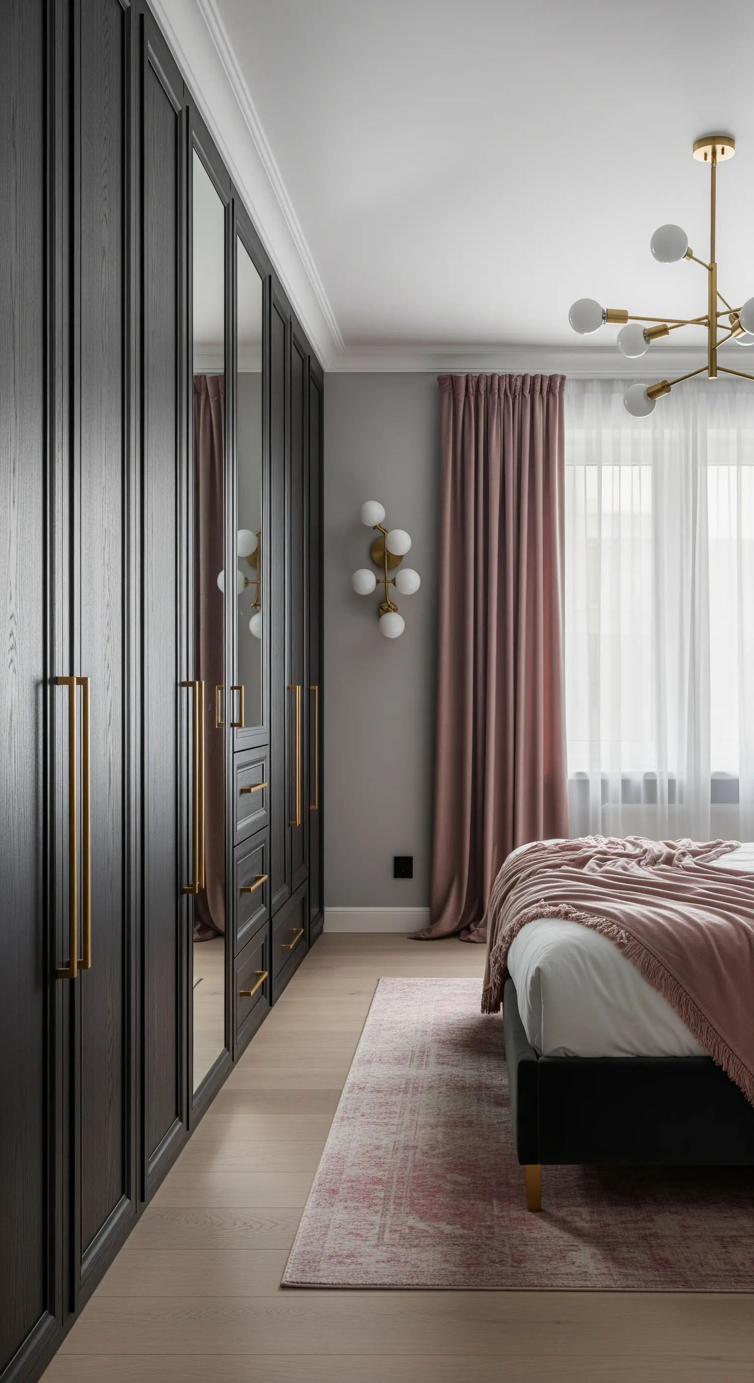 Armadio a muro scuro con lunghe maniglie dorate, accanto a un letto con coperta rosa.