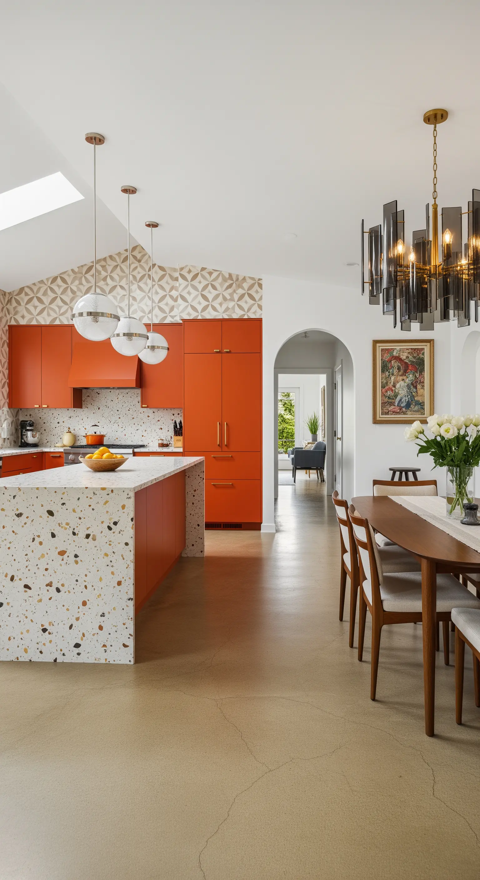 Cucina open space con mobili arancioni, isola in terrazzo e zona pranzo moderna.