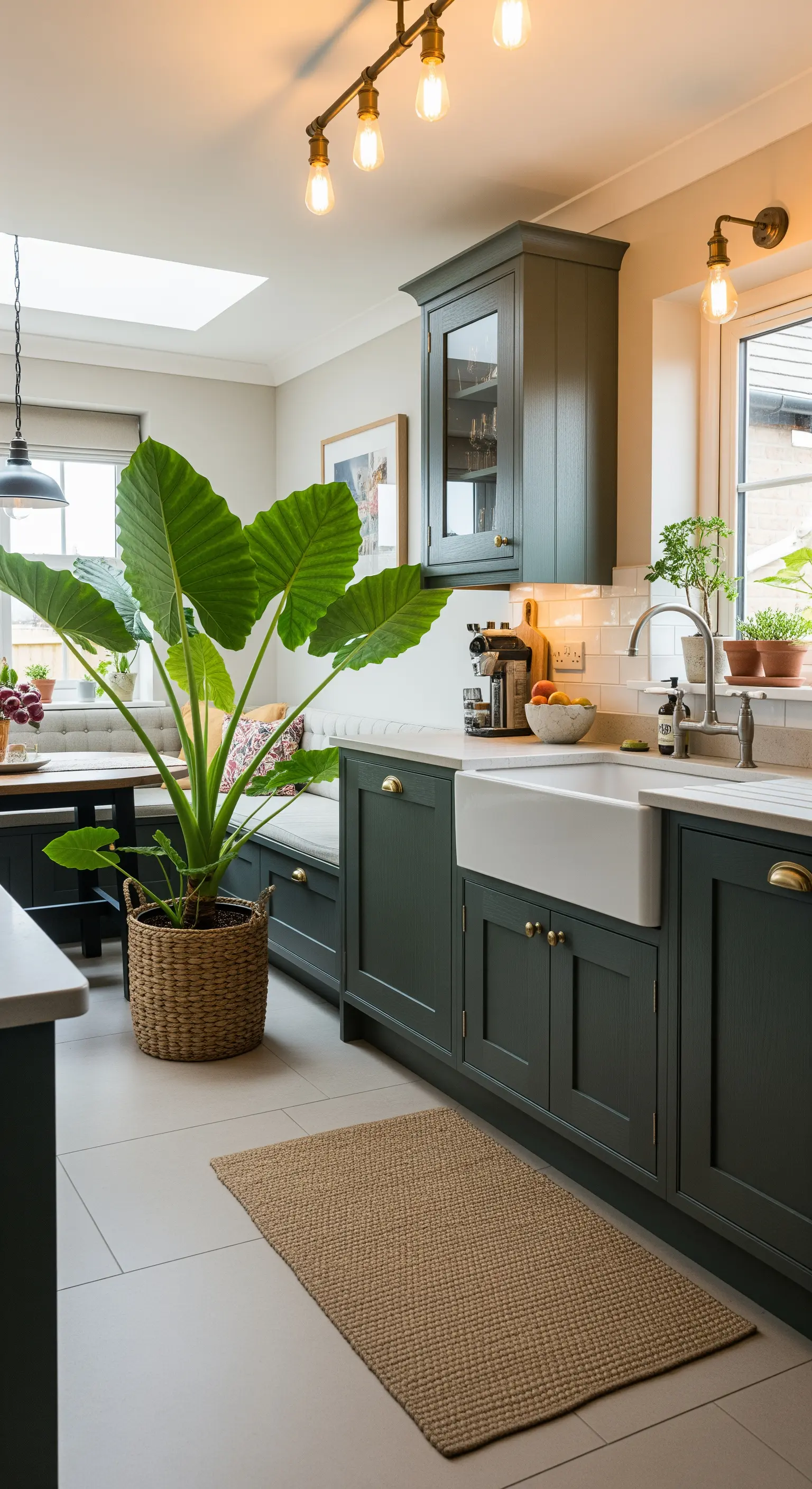 Grande Alocasia in un cesto di vimini accanto a mobili da cucina verde scuro.