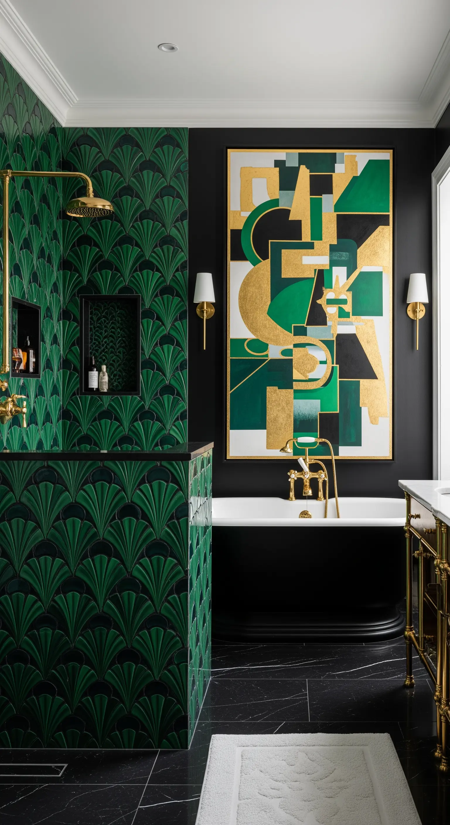 Bagno Art Déco con piastrelle verdi a ventaglio e un quadro astratto con dettagli dorati.