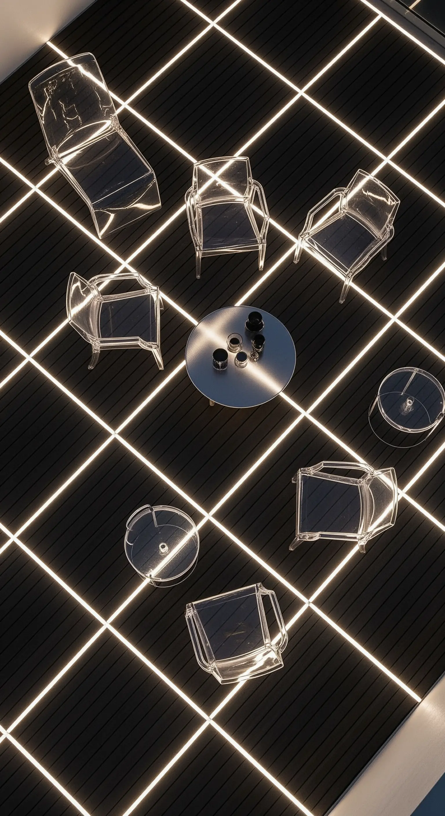 Terrazza con pavimento a griglia luminosa e sedie trasparenti che lasciano vedere il pattern