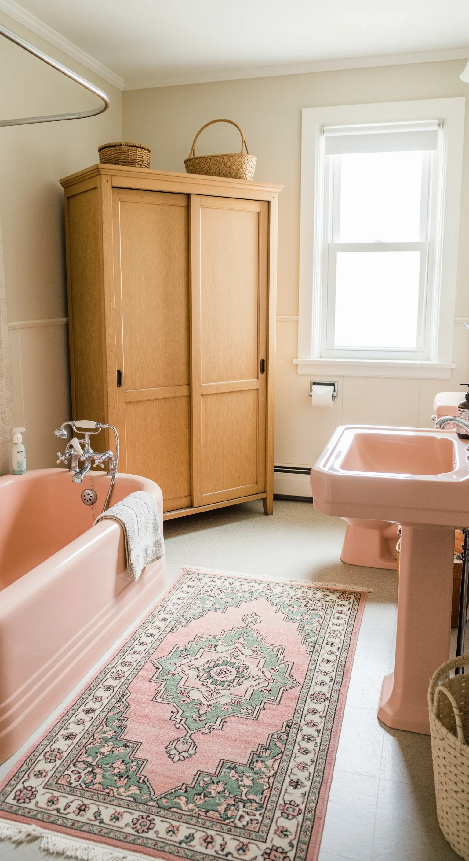 Bagno con sanitari e vasca rosa, armadio in legno chiaro e tappeto pastello.