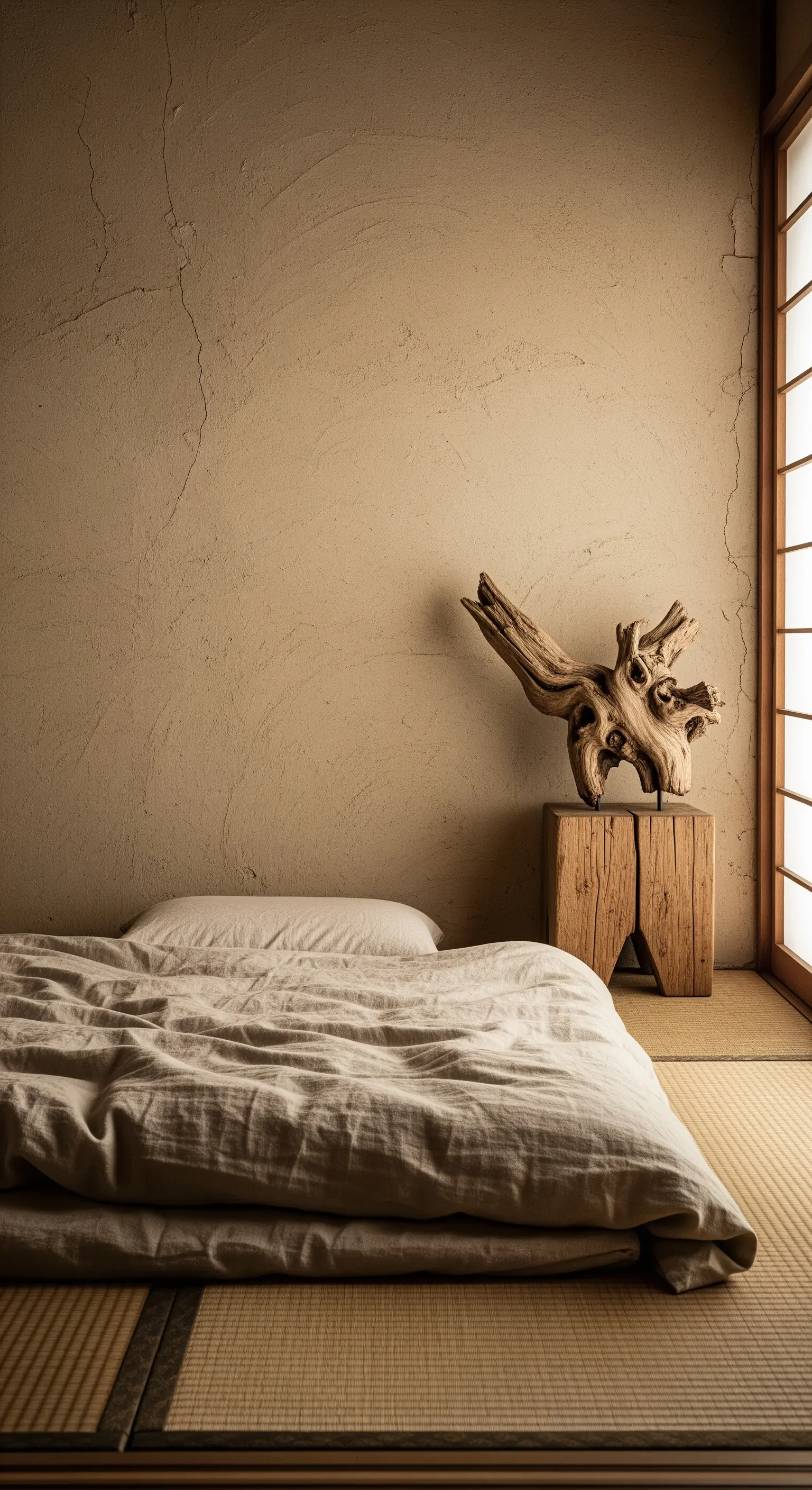 Futon con lenzuola naturali accanto a una parete in argilla grezza e un comodino in legno.