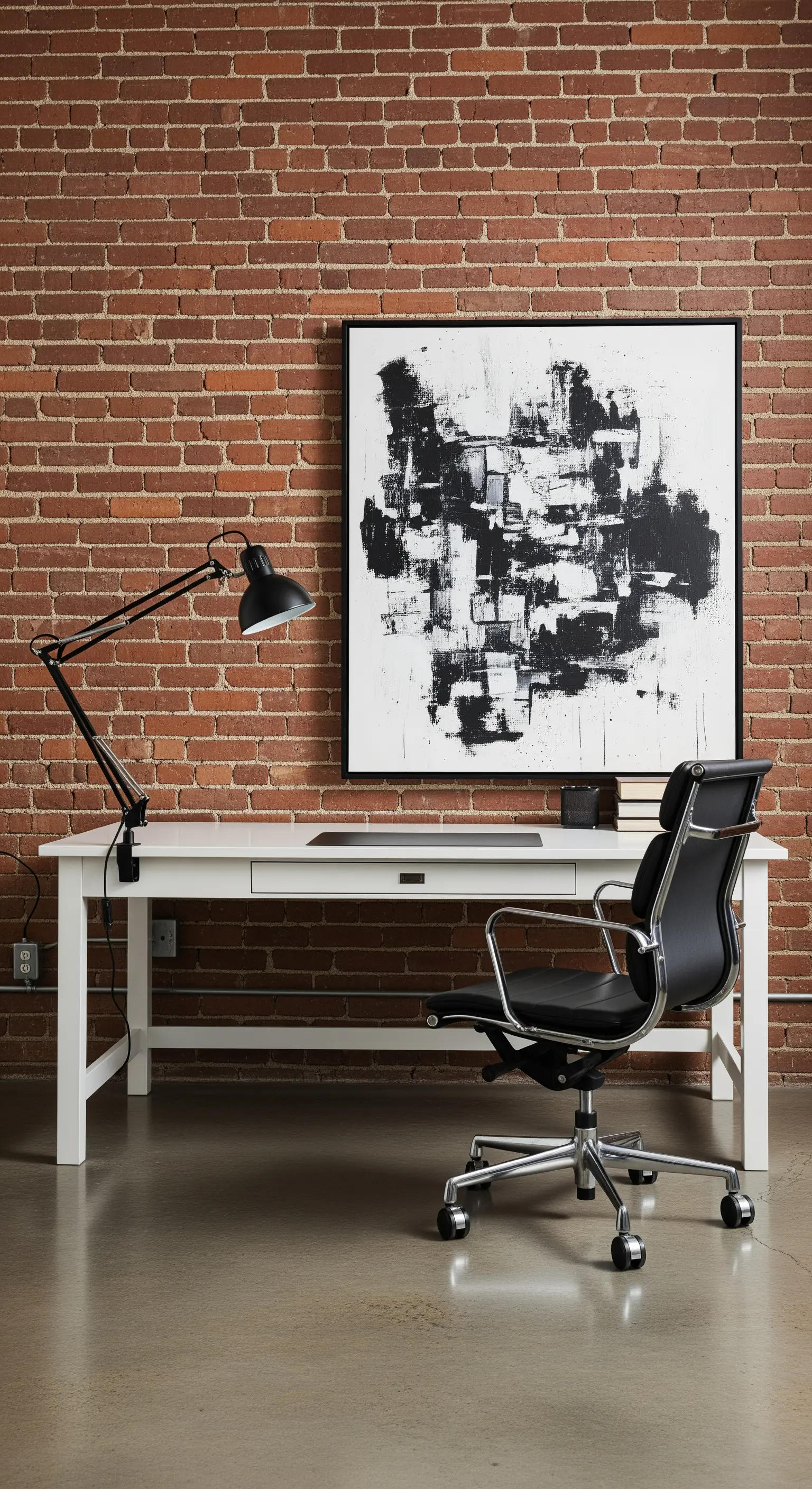 Scrivania bianca contro una parete di mattoni rossi, con quadro astratto e sedia in pelle nera.