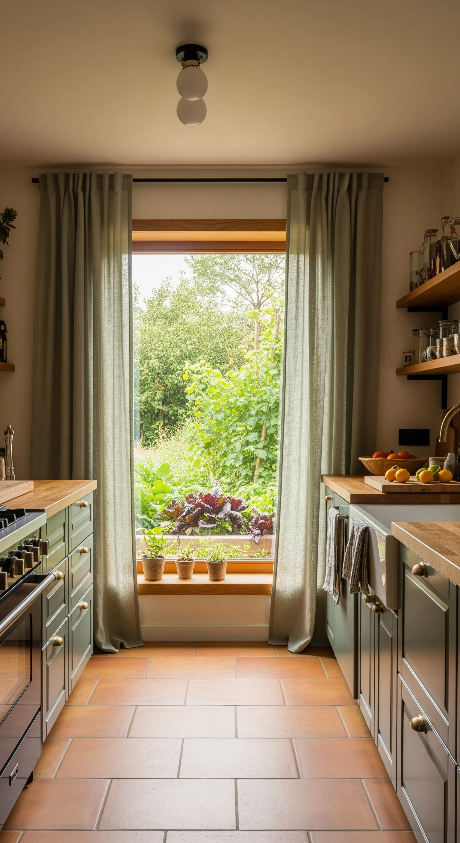 Cucina verde salvia con finestra sul giardino e tende in lino coordinate.