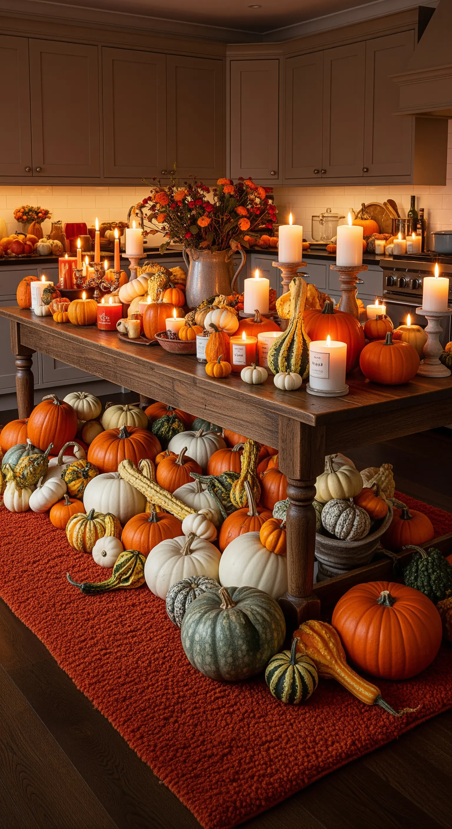 Tavolo da pranzo e pavimento coperti di zucche autunnali su un tappeto arancione a pelo lungo.