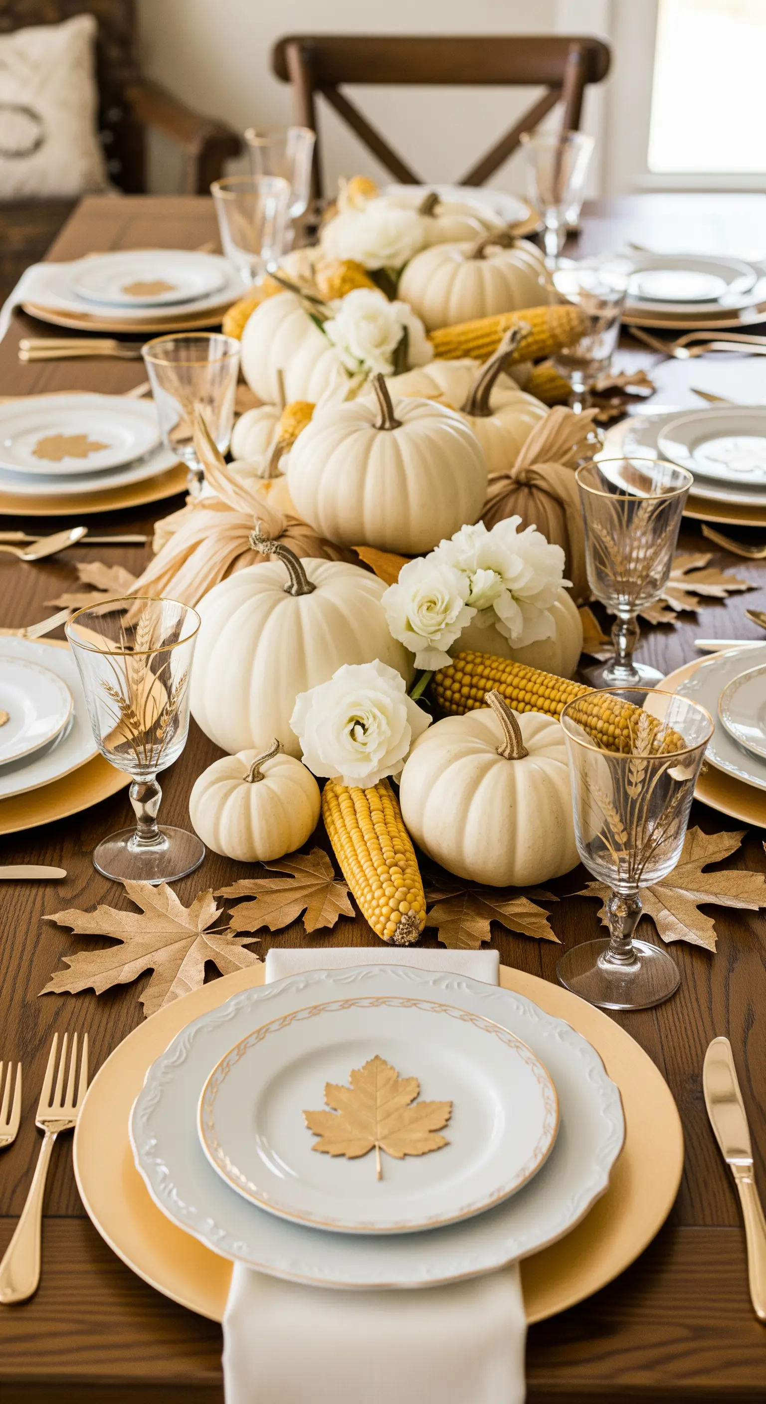 Centrotavola abbondante con zucche bianche, pannocchie, rose e foglie dorate.